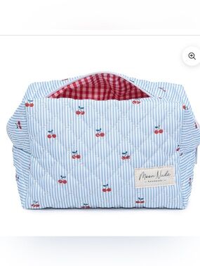 New Moon Nude  large Quilted Cherry Cosmetic Bag - Light Blue & Red